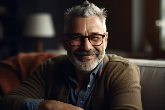 handsome happy older grey haired single man relaxing on cozy sofa smiling looking at camera enjoy ca