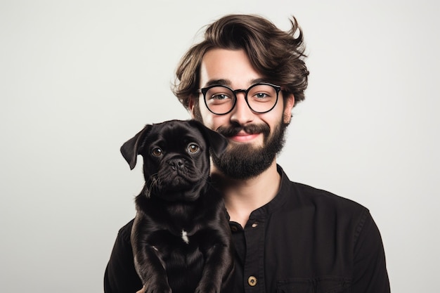 Photo handsome hipster guy holding his funny black pug dog smiling at camera standing over white backgroun