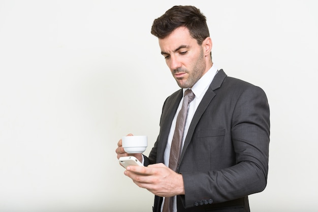 handsome Hispanic businessman in suit on white