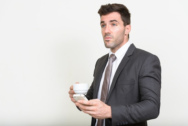 handsome Hispanic businessman in suit on white