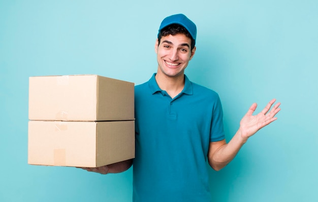 Handsome hispanic man feeling happy surprised realizing a solution or idea employee concept