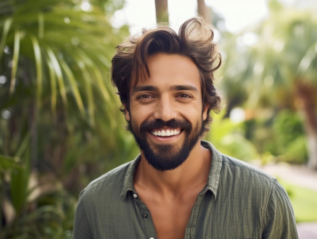 Красивый латиноамериканец с бородой счастливо улыбается на улице
