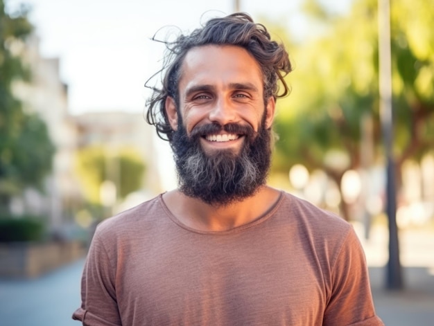 Handsome hispanic man with beard smiling happy outdoors