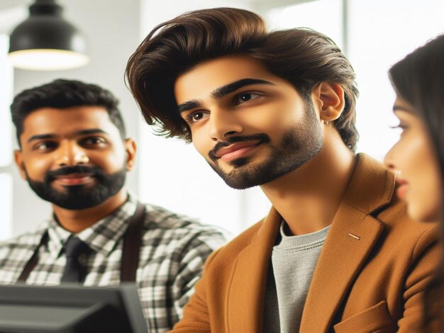 Photo handsome indian boy waiting to charge customers