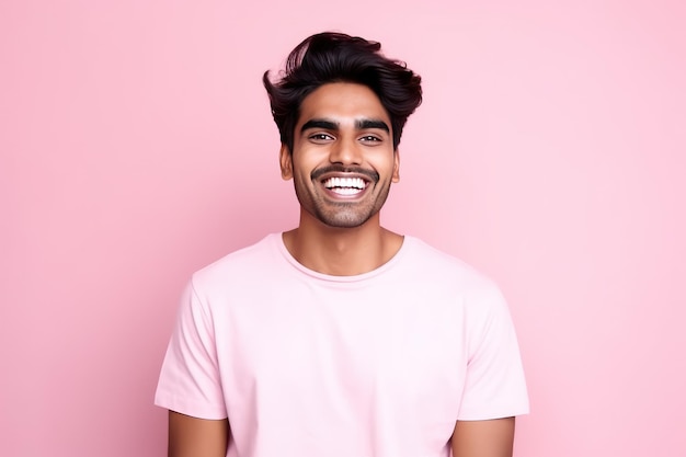 Handsome Indian guy laughing on pink background Generative AI