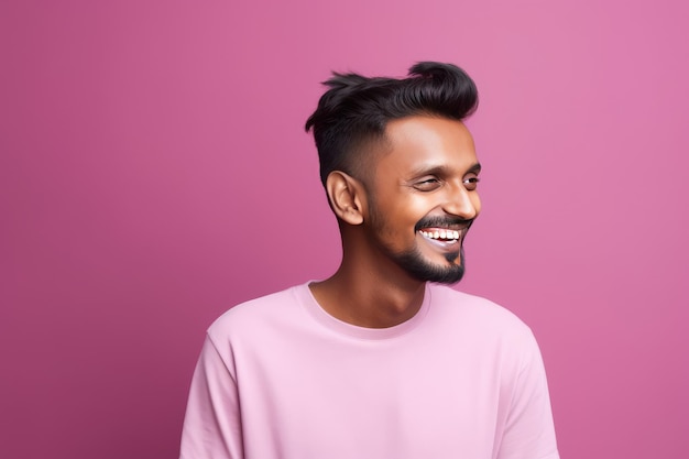 Handsome Indian guy laughing on pink background Generative AI