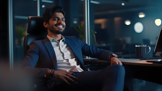 Handsome indian man in casual attire speaking on video call on laptop and gesturing hands in cozy office Generative Ai