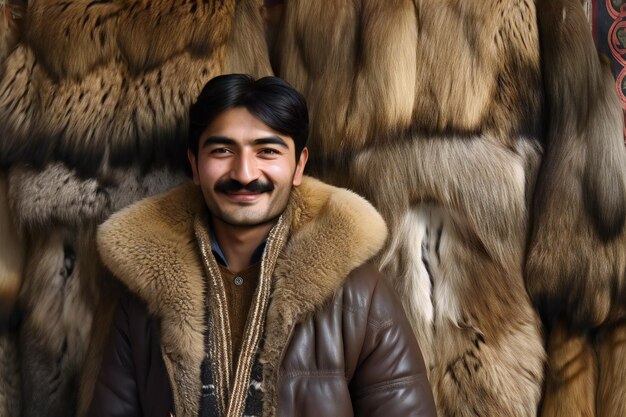 毛皮のコートを着てカメラに微笑むハンサムなインド人男性