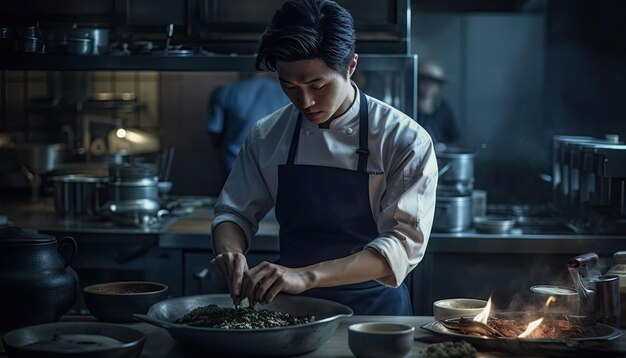 a handsome korean chef preparing food in a kitchen