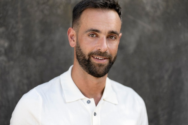 Handsome latin man with beard and stylish hair looking at camera. Barbershop service