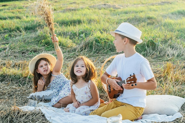 Handsome little boy play ukulele sitting on blanket on field girl hold bunch of dry grass Children resting on grass