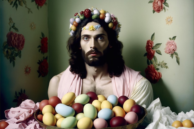 Handsome long haired man holding basket with painted eggs and flower decor AI