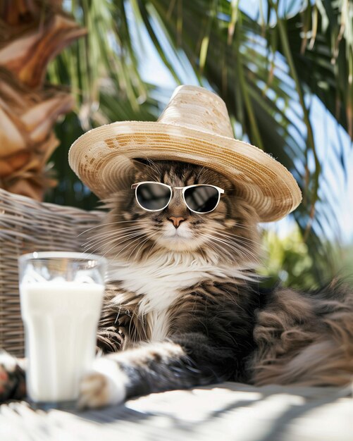 Handsome maine coon cat in sunglasses and a sombrero hat sitting under palm tree with glass of milk