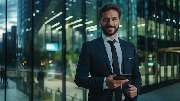 Handsome Male Businessman in Modern Corporate Setting with Glass Wall and Cityscape generated by AI