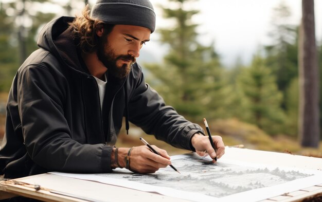 Handsome Male Captures Nature in a Real Drawing Isolated on White Background