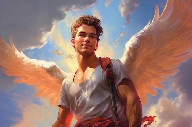 A handsome male character an angel in the clouds