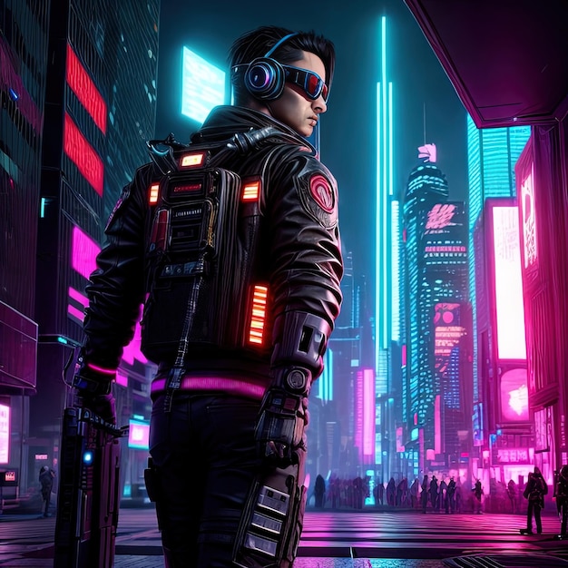 A handsome male character cyberpunk style with sunglass headphone listening to music