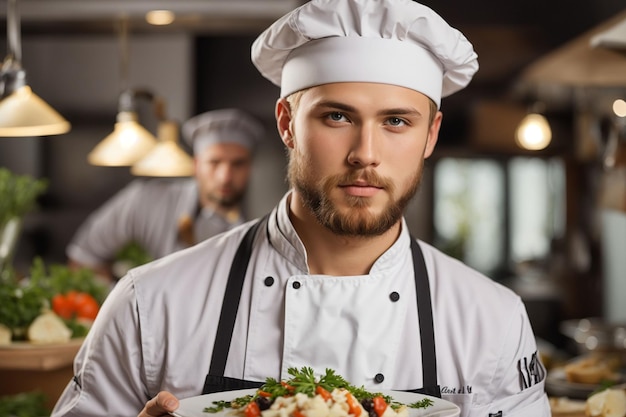 handsome male chef holding salad and looking at camera in restaurant kitchen