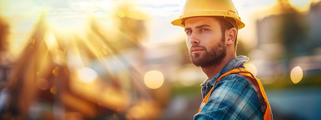 Photo handsome male construction worker or engineer professional photo during worktime at construction si