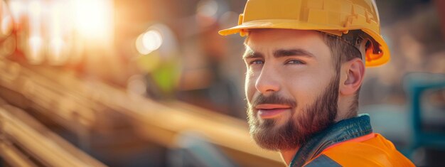 Photo handsome male construction worker or engineer professional photo during worktime at construction si