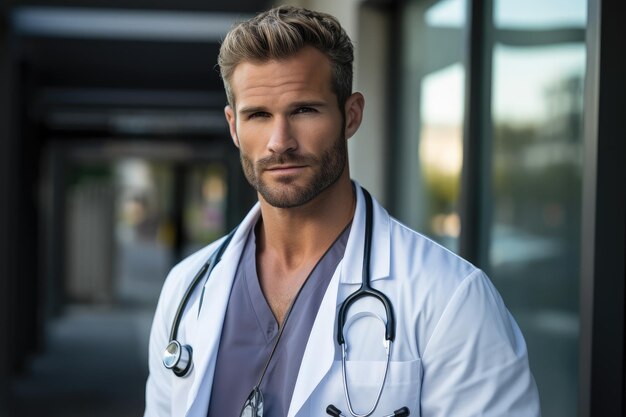 医療用ガウンを着たハンサムな男性医師が病院に立つ労働者の日の医療専門家