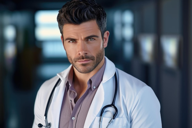 Handsome male doctor in a medical gown stands in the hospital labor day medical professional