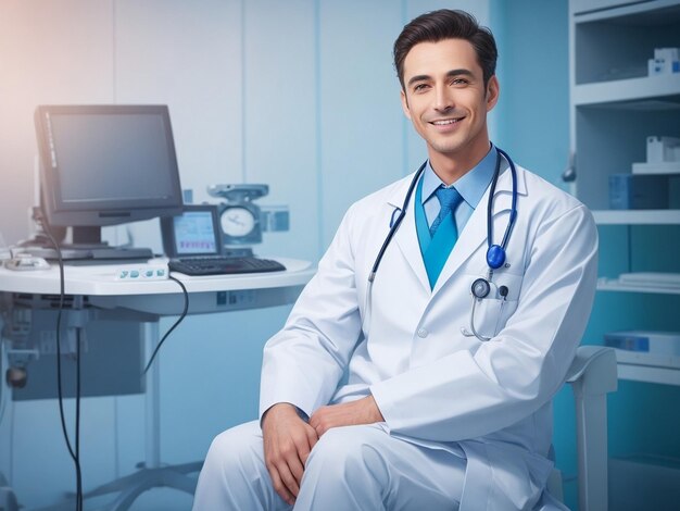 A Handsome male doctor Sitting in his chamber beside medical equipment