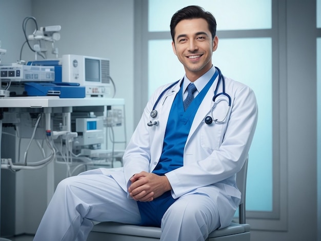 A Handsome male doctor Sitting in his chamber beside medical equipment