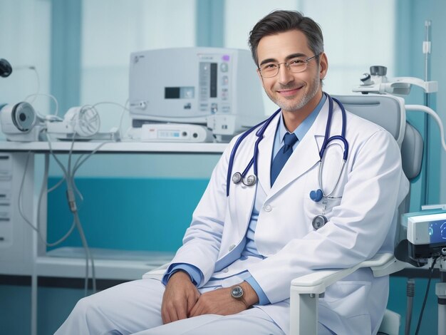 A Handsome male doctor Sitting in his chamber beside medical equipment