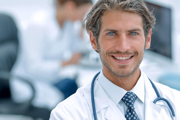 Handsome male doctor smiling with arms crossed on chest portrait