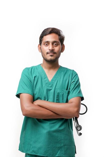 Handsome male doctor on white background