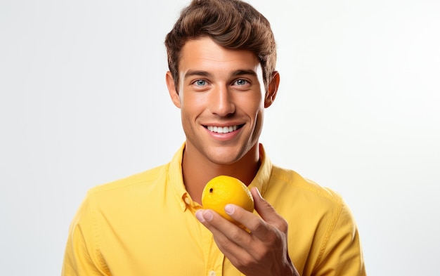 Photo handsome male eating loquat isolated on white background