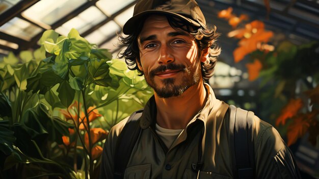 Handsome male farmer in greenhouse with green plants and vegetables