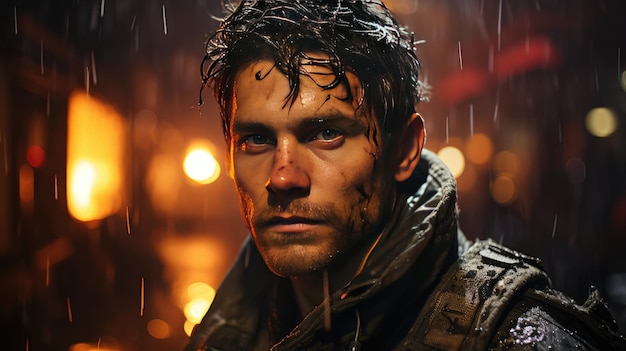 A handsome male firefighter stands against a background of flames in dirty firefighting clothing Closeup of a man looking at the cameras