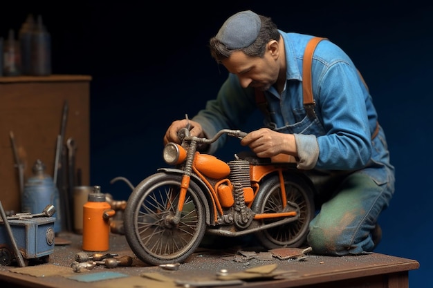 Handsome male in a jeans coverall working with a moped wheel in a repair shop