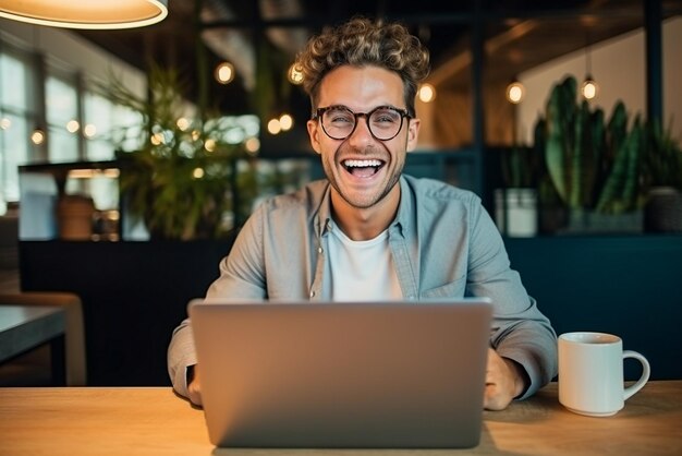 Photo handsome male behind laptop at home happy and suprised concept of financial or business success