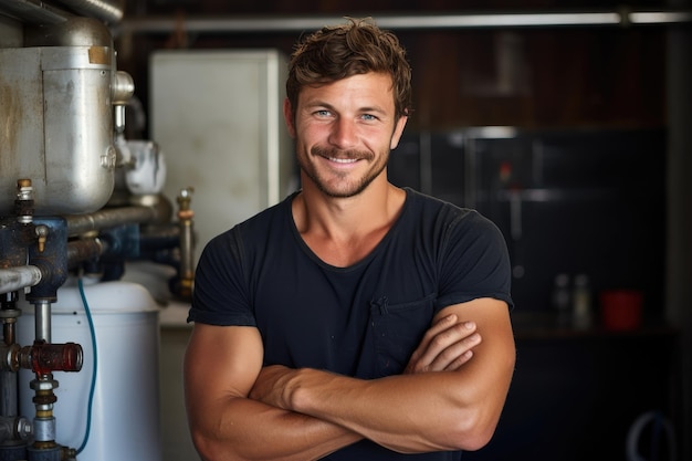 Handsome male plumber smiling standing in the kitchen Labor Day technician repairman employee