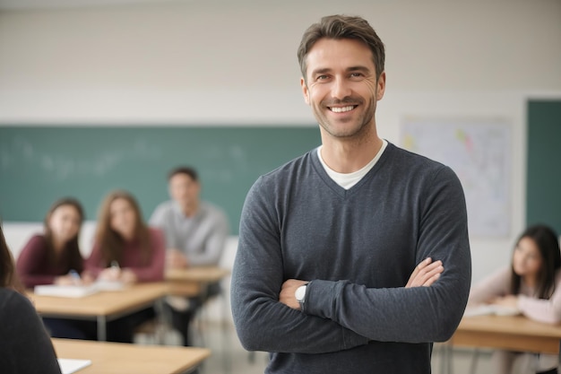 Foto un bel professore sorride in classe con gli studenti