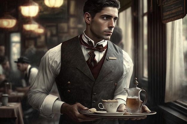 Handsome male waiter AI Generated