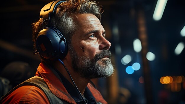Handsome male worker in headphones and overalls standing in factorygenerative ai