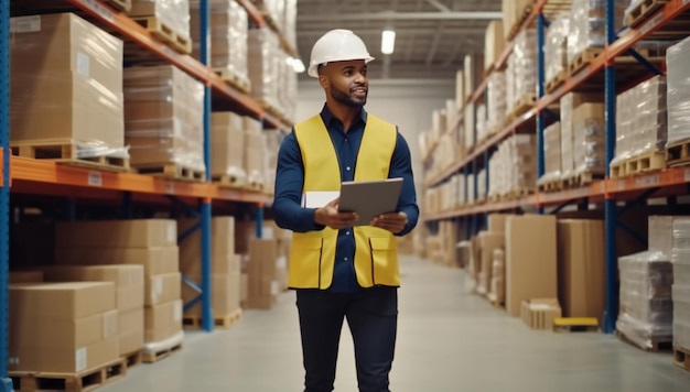 Handsome male worker wearing a hard hat holding digital tablet