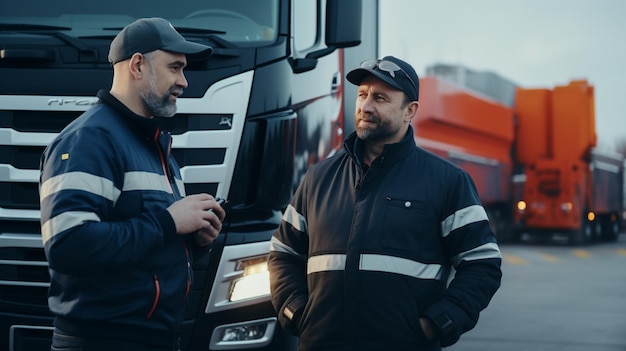 Photo a handsome male worker in a white shirt and a black jacket stands on a background of the truck