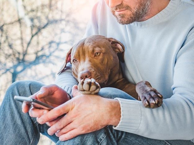 ハンサムな男と魅力的な子犬。閉じる