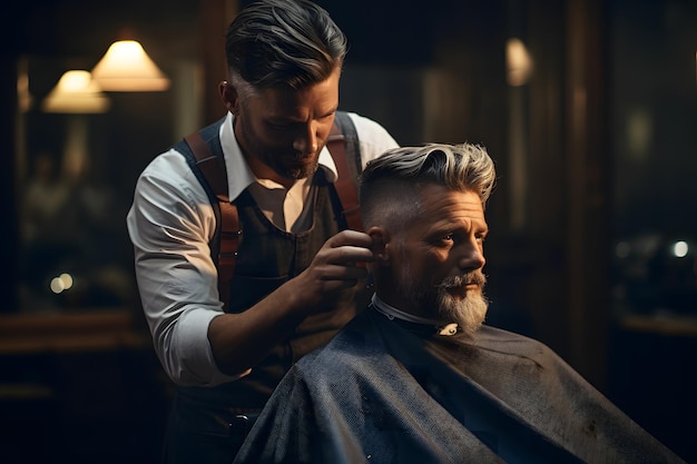 Foto uomo bello al barbiere che taglia i capelli