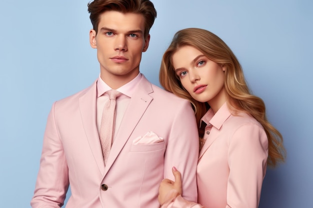 Handsome man and beautiful woman posing in suits