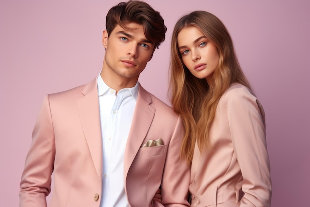 Handsome man and beautiful woman posing in suits