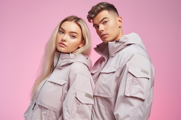 Handsome man and beautiful woman posing wearing jackets