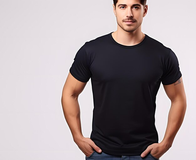 Photo handsome man in black tshirt on white background