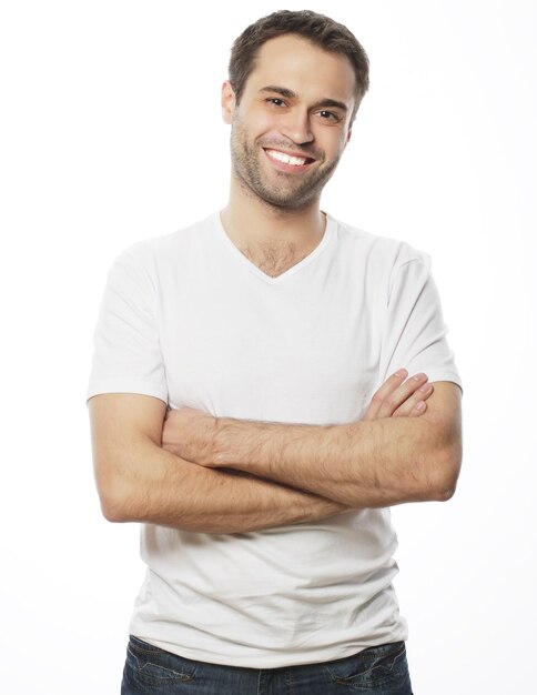 Handsome man in blank white shirt