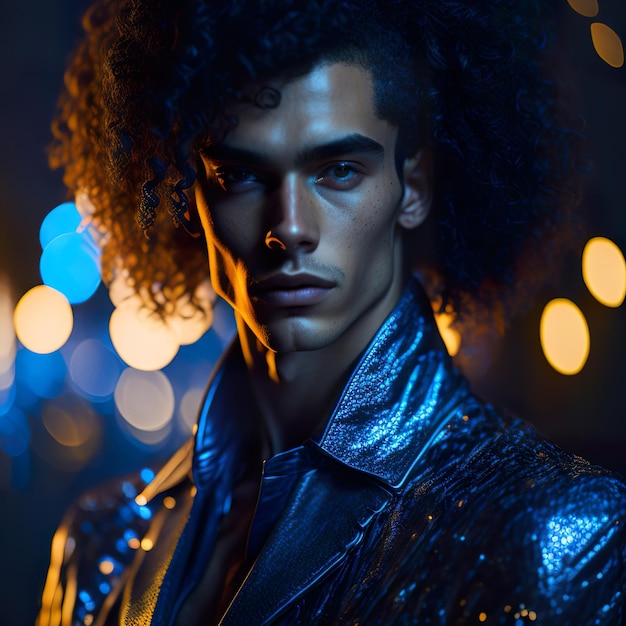 Handsome man in blue jacket posing in the street